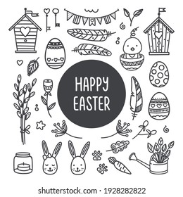 Happy easter day traditional elements in doodle style. Eggs, bunny, candle, flower, willow, watering can, chick, birdhouse. Isolated vector illustration.