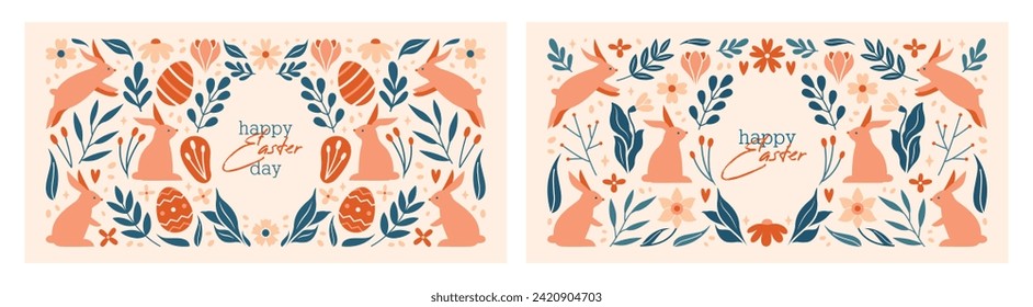 Feliz Día de Pascua. Diseño de moda con tipografía, ilustraciones lindas con conejos, conejos, plantas, huevos, flores, bayas, hojas, estrellas. Diseño creativo mínimo. Cabecera horizontal, tarjeta de saludo.