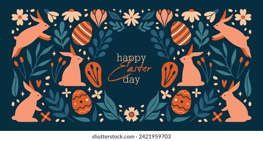 Happy Easter Day. Trendy design with typography, cute illustrations with rabbits, bunnies, plants, eggs, flowers, berries, leaves, stars. Modern minimal style.Horizontal header, greeting card, banner.