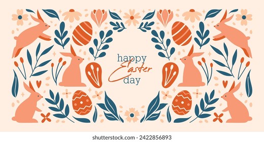 Happy Easter Day. Trendy design with typography, cute illustrations with rabbits, bunnies, plants, eggs, flowers, berries, leaves, stars on white background. Horizontal header, greeting card, banner.
