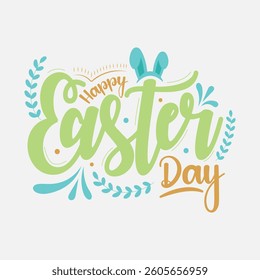 Happy Easter day Typography with bunny ears. Easter concept Hand drawn calligraphy design with elements