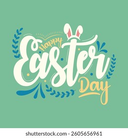 Happy Easter day Typography with bunny ears. Easter concept Hand drawn calligraphy design with elements