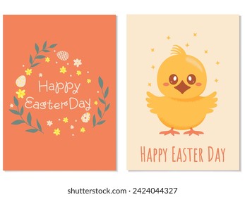 Happy Easter Day vector card. Trendy hand-drawn design of Spring greeting card. Vertical card with egg, spring flowers.Perfect for a poster, cover, or postcard.
