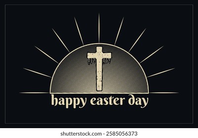 Happy easter day vector with Christian cross, sunrise concept, and color halftone effect illustration