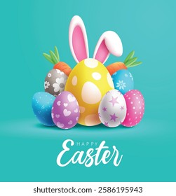 Happy easter day vector design. Holiday easter with pattern colorful eggs and bunny ears elements for greeting and invitation card. Vector Illustration.
