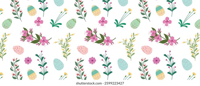 happy easter day vector floral background with easter eggs and floral leaves and flowers