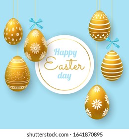 Happy Easter day. Vector illustration golden eggs. Background in realistic style. Egg with white floral pattern. Eggs on a sky blue background. Design for greeting card, flyers, brochures, banners.