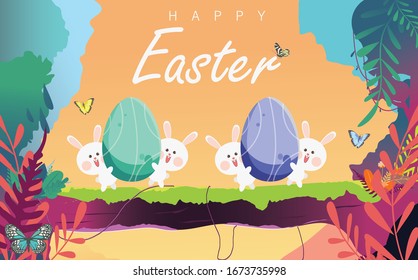 Happy Easter Day Vector Illustration for Poster Banner Flyer Template Greeting Invitation Website and Other Usage, Egg Hunt Party Invitation, Sunday Easter with Rabbit and Eggs, Easter celebration 