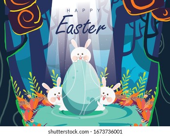 Happy Easter Day Vector Illustration for Poster Banner Flyer Template Greeting Invitation Website and Other Usage, Egg Hunt Party Invitation, Sunday Easter with Rabbit and Eggs, Easter celebration 