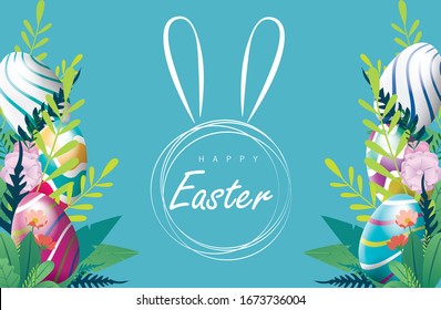 Happy Easter Day Vector Illustration with 3D Realistic Colorful Painted Eggs in Floral Background.  Banner, web poster, flyer cover, stylish brochure, greeting card. 