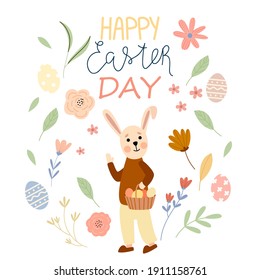 Happy Easter Day. Vector illustration with Easter rabbit, flowers and eggs