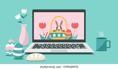 Happy Easter day via online on laptop computer concept, flat vector illustration