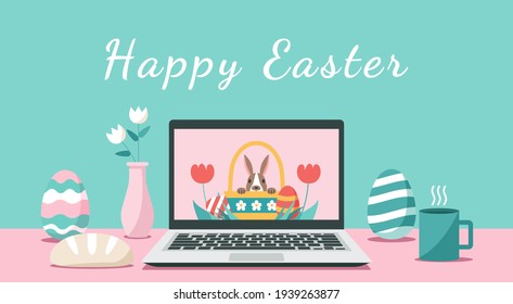 Feliz Día de Pascua a través de Internet en un ordenador portátil en casa concepto, ilustración de vector plano