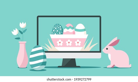 Happy Easter day via online on computer concept, flat vector illustration