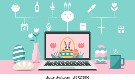 Happy Easter day via online on laptop computer at home concept with icon, flat vector illustration