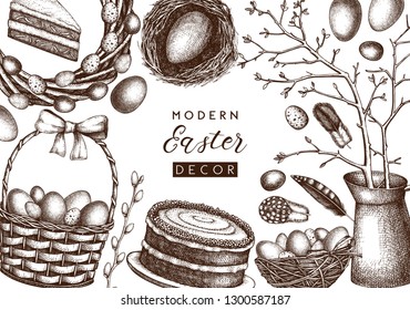 Happy Easter Day vintage design. Vector greeting card or invitation template. Shabby chic style.  Hand drawn holiday decor elements. Vintage spring background. Engraved illustration. 