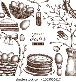 Happy Easter Day vintage design. Vector greeting card or invitation template. Shabby chic style.  Hand drawn holiday frame. Vintage spring background. Engraved illustration. 