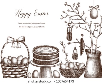 Happy Easter Day vintage design. Vector greeting card or invitation. Shabby chic hand drawn decor elements. Vintage template isolated on white background.
