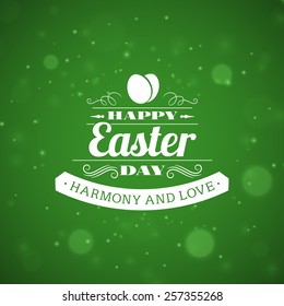 Happy Easter Day vintage holiday badge design. Vector design greetings card or poster with blurred green backdrop