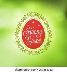 Happy Easter Day vintage holiday badge design. Vector design greetings card or poster with blurred green backdrop