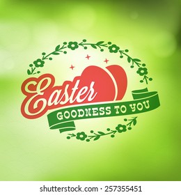 Happy Easter Day vintage holiday badge design. Vector design greetings card or poster with blurred green backdrop