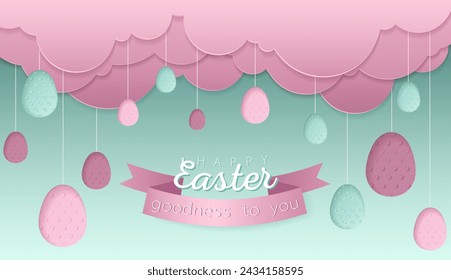 Happy Easter day wallpaper or banner with papercut egg. Beautiful paper cut eastern elements. Vector illustration for sale, product display, easter festival design, presentation, greeting card.