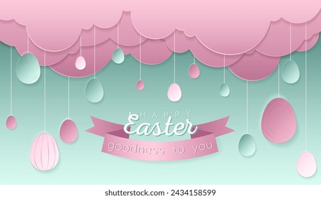 Happy Easter day wallpaper or banner with papercut egg. Beautiful paper cut eastern elements. Vector illustration for sale, product display, easter festival design, presentation, greeting card.