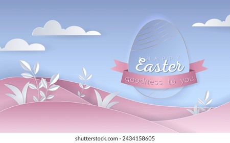 Happy Easter day wallpaper or banner with papercut egg. Beautiful paper cut eastern elements. Vector illustration for sale, product display, easter festival design, presentation, greeting card.
