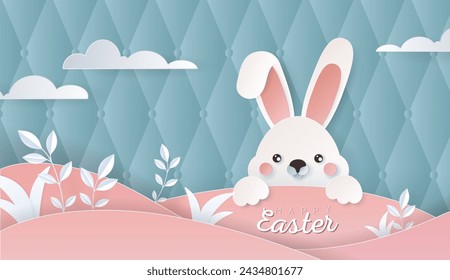 Happy Easter day wallpaper or banner with papercut bunny. Beautiful paper cut eastern elements. Vector illustration for sale, product display, easter festival design, presentation, greeting card.