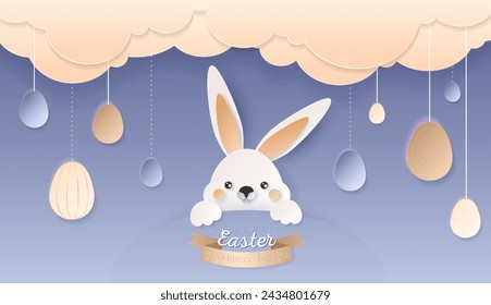 Happy Easter day wallpaper or banner with papercut bunny. Beautiful paper cut eastern elements. Vector illustration for sale, product display, easter festival design, presentation, greeting card.
