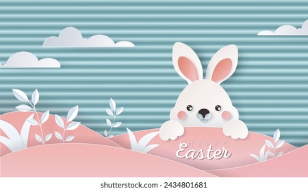 Happy Easter day wallpaper or banner with papercut bunny. Beautiful paper cut eastern elements. Vector illustration for sale, product display, easter festival design, presentation, greeting card.