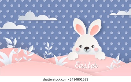 Happy Easter day wallpaper or banner with papercut bunny. Beautiful paper cut eastern elements. Vector illustration for sale, product display, easter festival design, presentation, greeting card.