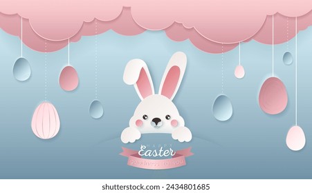 Happy Easter day wallpaper or banner with papercut bunny. Beautiful paper cut eastern elements. Vector illustration for sale, product display, easter festival design, presentation, greeting card.