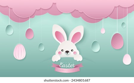 Happy Easter day wallpaper or banner with papercut bunny. Beautiful paper cut eastern elements. Vector illustration for sale, product display, easter festival design, presentation, greeting card.