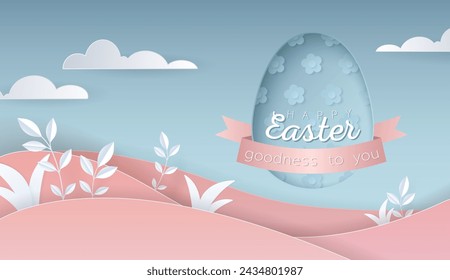 Happy Easter day wallpaper or banner with papercut egg. Beautiful paper cut eastern elements. Vector illustration for sale, product display, easter festival design, presentation, greeting card.