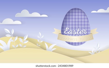 Happy Easter day wallpaper or banner with papercut egg. Beautiful paper cut eastern elements. Vector illustration for sale, product display, easter festival design, presentation, greeting card.
