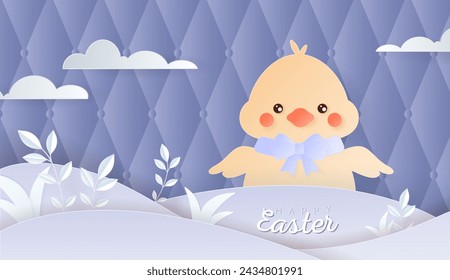 Happy Easter day wallpaper or banner with papercut chicken. Beautiful paper cut eastern elements. Vector illustration for sale, product display, easter festival design, presentation, greeting card.