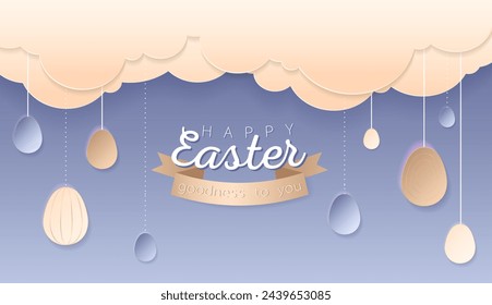 Happy Easter day wallpaper or banner with papercut elements. Beautiful paper cut eastern objects. Vector illustration for sale, product display, easter festival design, presentation, greeting card.