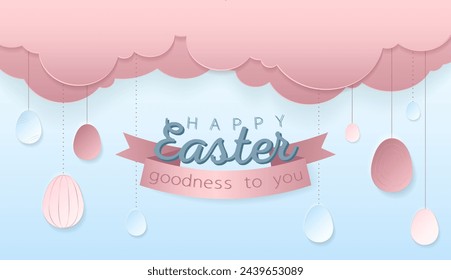 Happy Easter day wallpaper or banner with papercut elements. Beautiful paper cut eastern objects. Vector illustration for sale, product display, easter festival design, presentation, greeting card.