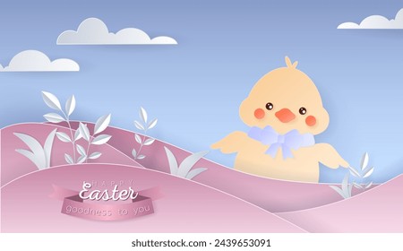 Feliz día de Pascua fondo de pantalla o banner con elementos de corte de papel. Hermoso papel cortado objetos orientales. Ilustración vectorial para la venta, exhibición del producto, diseño del festival de Pascua, presentación, tarjeta de felicitación.