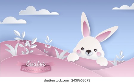 Happy Easter day wallpaper or banner with papercut elements. Beautiful paper cut eastern objects. Vector illustration for sale, product display, easter festival design, presentation, greeting card.