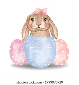 Happy Easter Day Watercolor Bunny Pink Blue Eggs
