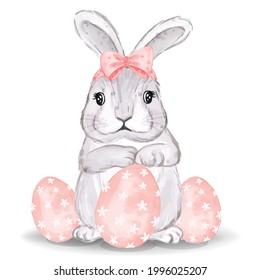 Happy Easter Day Watercolor Bunny Pink Egg