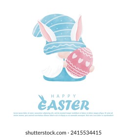 Happy Easter day watercolor. gnome cartoon with Easter egg greeting card wallpaper background banner template isolated vector illustration