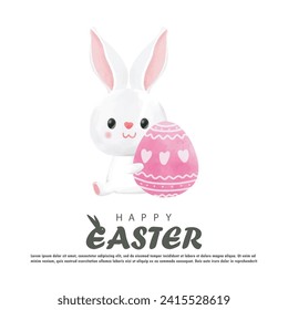 Happy Easter day watercolor. Little Rabbit Bunny cartoon flat design with greeting card. Easter egg festival wallpaper background banner template isolated vector illustration