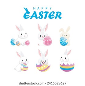 Happy Easter day watercolor. Little Rabbit Bunny cartoon flat design with greeting card. Easter egg festival wallpaper background banner template isolated vector illustration