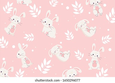 happy easter day white bunnies floral decoration banner pink background vector illustration