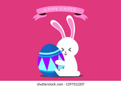 Happy easter day, white bunny hugs the egg