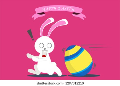 Happy Easter Day, White Bunny Run Away From Rolling Egg