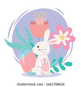 happy easter day, white rabbit egg flowers folaige leaves decoration vector illustration